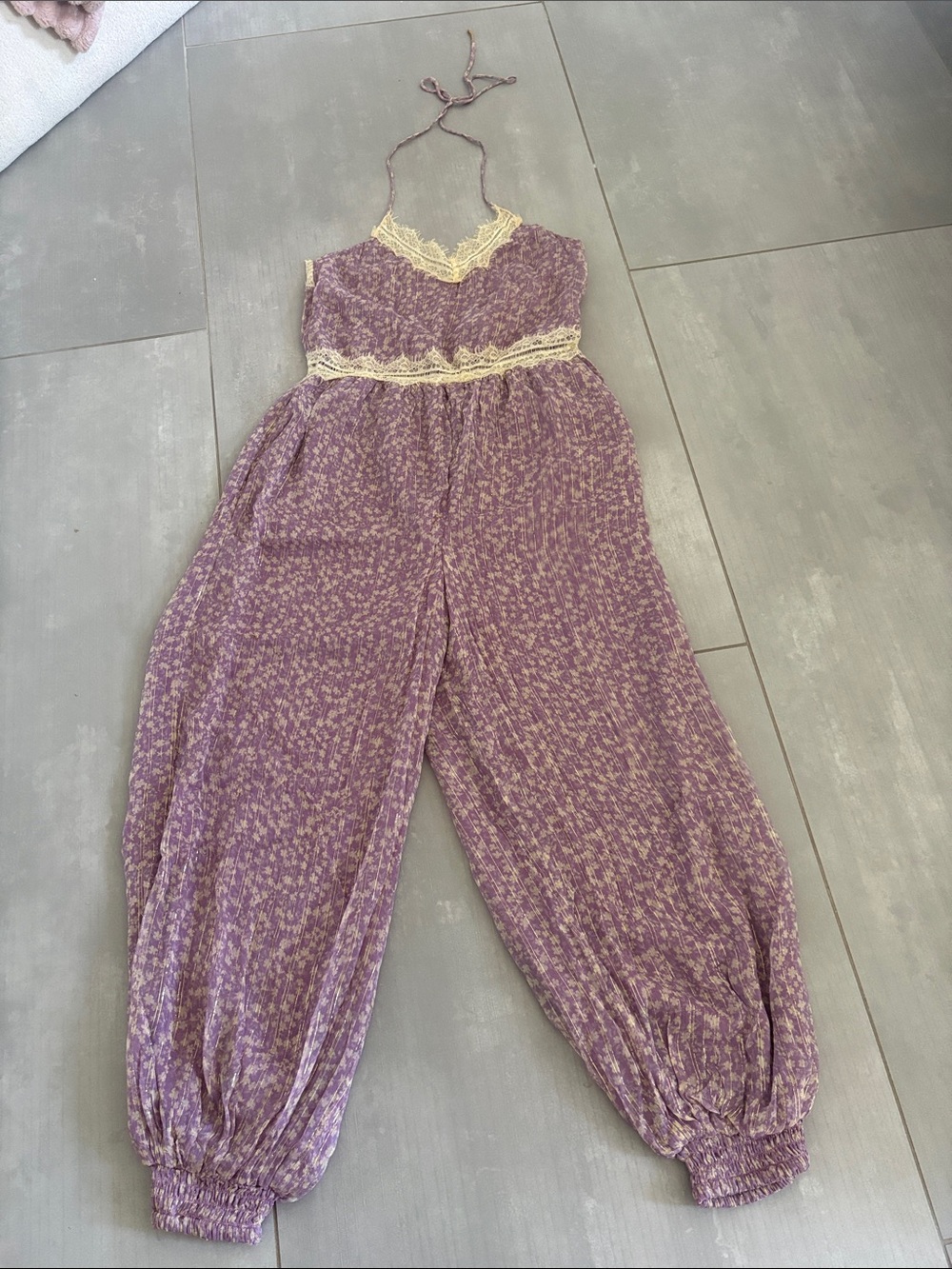 Tularosa Purple Floral Lace-Trim Jumpsuit